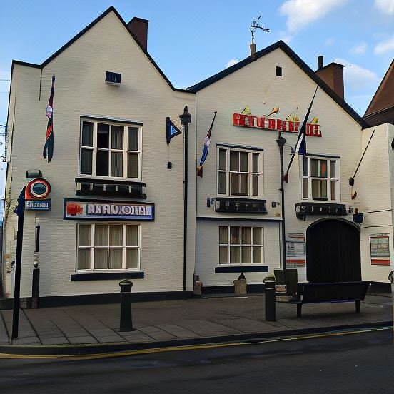 a two - story building with a white exterior and blue shutters is adorned with flags and signs at The Atherstone Red Lion Hotel