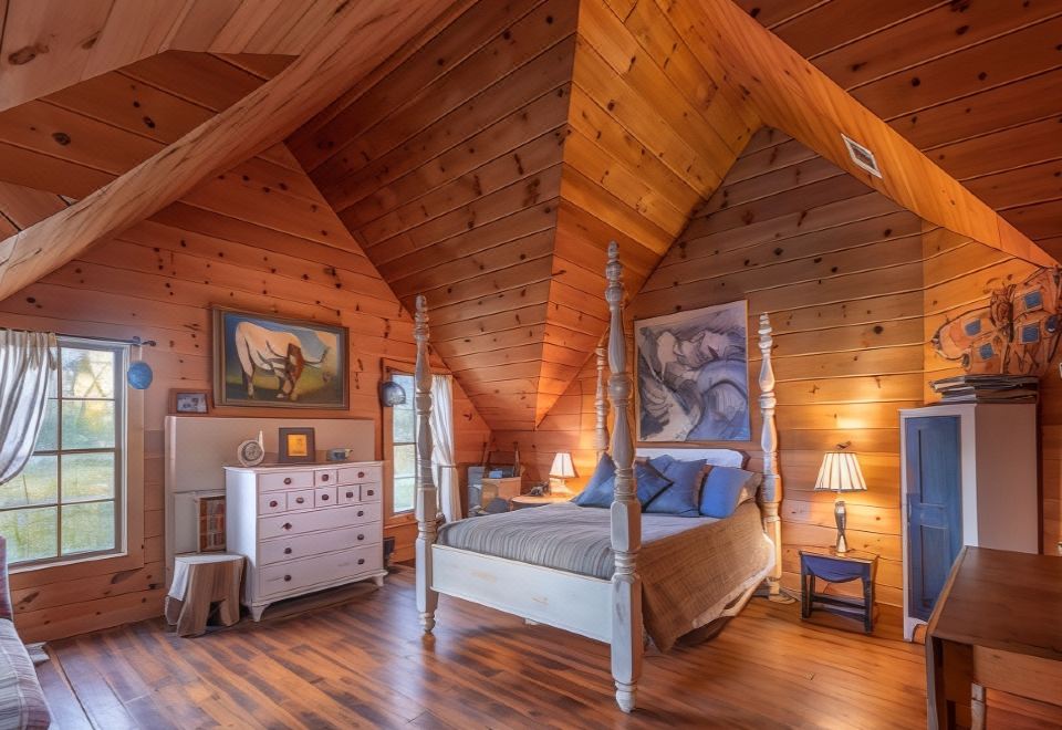 a cozy bedroom with wooden walls , a bed , and a dresser , decorated with paintings and artwork at Seventy-Four Ranch