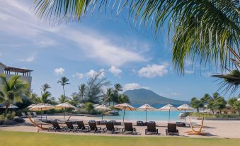 a tropical resort with umbrellas , sun loungers , and palm trees near a swimming pool and mountains at Park Hyatt St Kitts Christophe Harbour