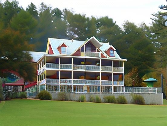 a large , two - story building with multiple balconies and a red roof is surrounded by trees at Glen-Ella Springs Inn