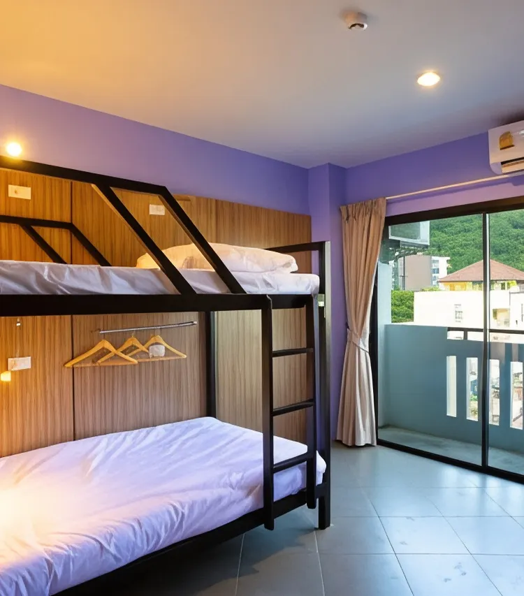 เตียงเดี่ยวในห้องพักรวมหญิงแบบ 6 เตียง