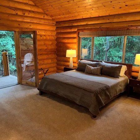 Cozy log cabin secluded in a mountain forest with hot tub, sauna, private patio.
