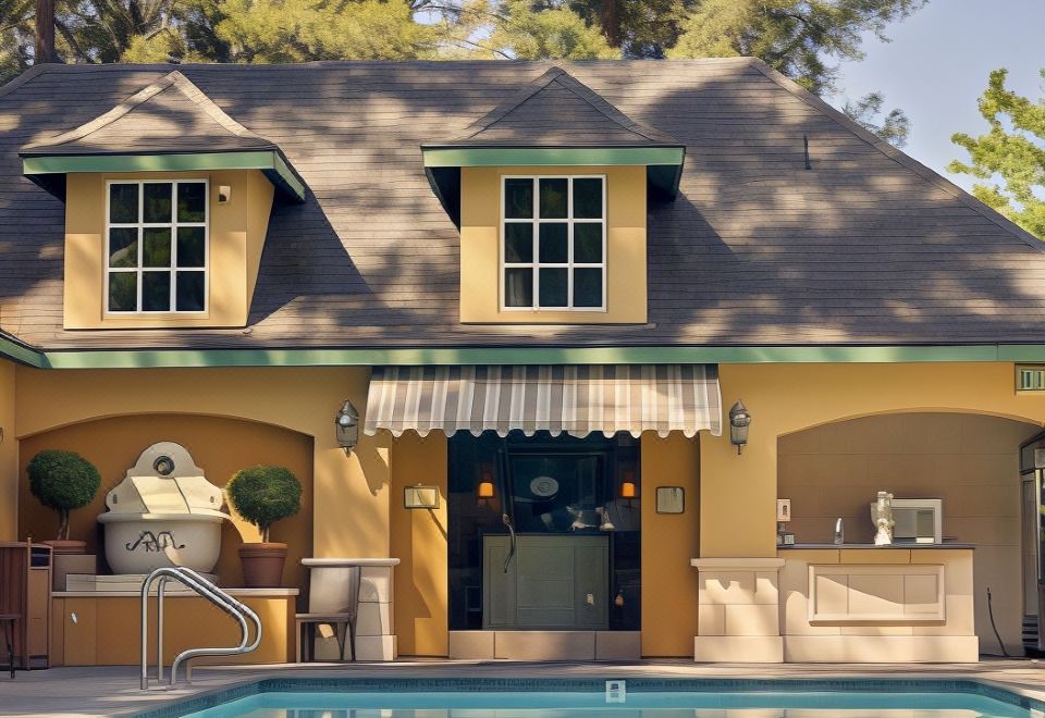 a yellow house with a swimming pool in the backyard , surrounded by trees and grass at Lafayette Park Hotel & Spa