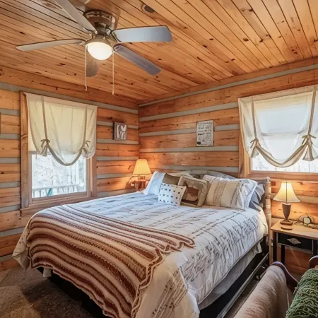 Cozy cabin for 4, 2 King size beds.  Porch with view of lake. Full kitchen.