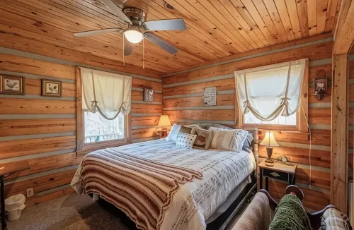 Cozy cabin for 4, 2 King size beds.  Porch with view of lake. Full kitchen.