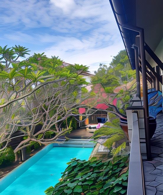 a large swimming pool is surrounded by lush greenery and a house with a balcony at Rumah Batu Boutique Hotel
