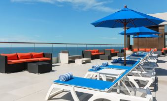 a rooftop patio with blue and white lounge chairs , an umbrella , and a view of the ocean at Allegria Hotel