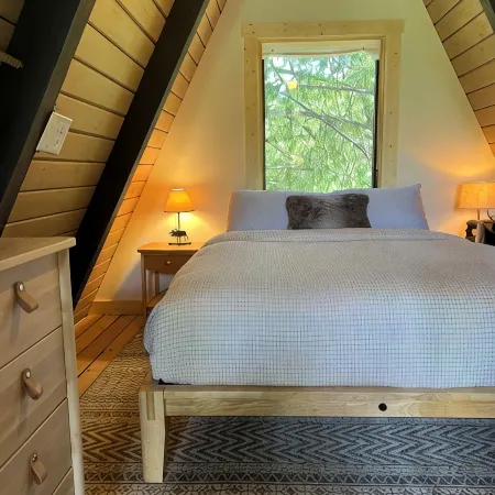 Romantic A-frame Cabin with Cedar Sauna, Private River and Scenic Views