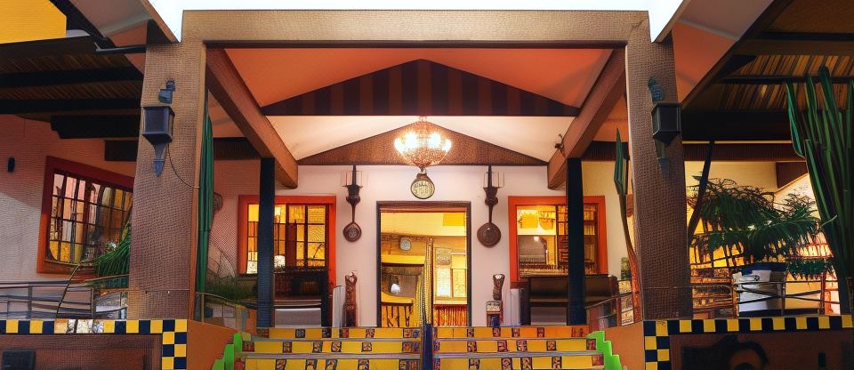 a modern building with a large open space , wooden beams , and colorful lights , under a covered walkway with ornate railings at Hotel La Hacienda