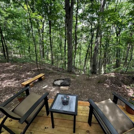 Charming A-frame cabin set in the woods overlooking deep wooded ravines.