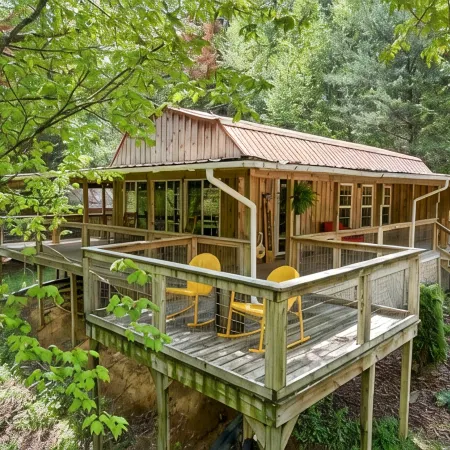 Cozy Creekside Cabin w/ Wraparound Covered Deck and Barrel Sauna