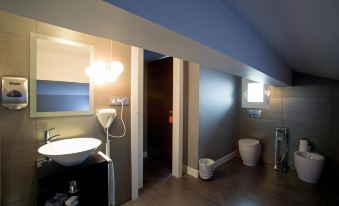 a modern bathroom with blue walls , wooden floors , and a large mirror , as well as a sink and toilet at Hotel Castillo