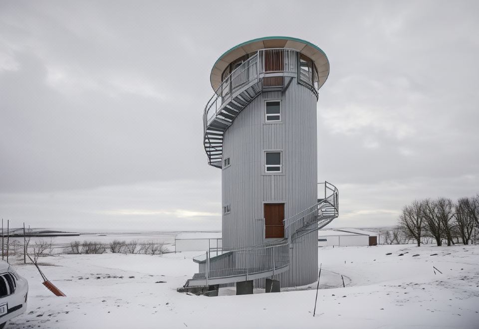 a large , modern lighthouse with a gray exterior and metal railing is situated on a snow - covered field at Klettar Tower Iceland