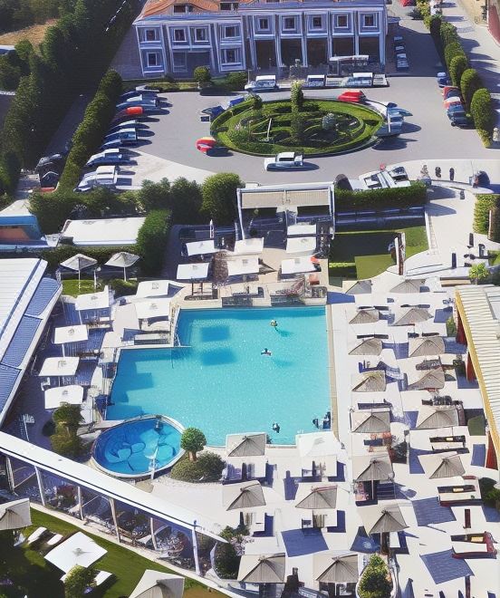 aerial view of a hotel with a large pool surrounded by umbrellas , chairs , and cars at Perinthos Hotel