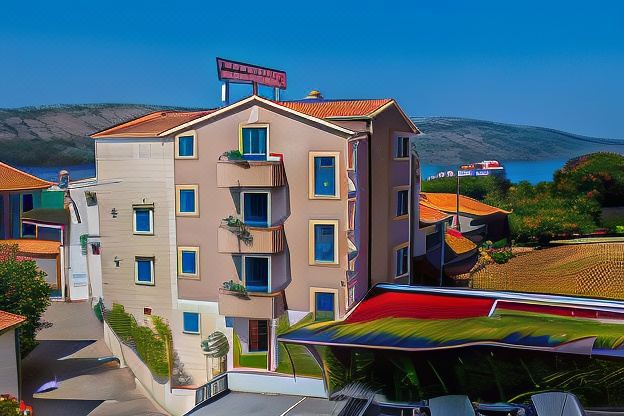 a large , multi - story building with a red roof and multiple cars parked in front of it at Villa Rustica Dalmatia