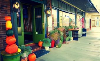 a building with a green door and colorful decorations , including pumpkins and some potted plants at William Watson Hotel