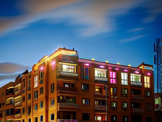 a large , multi - story building with pink and purple lights on its windows at night , illuminated by the setting sun at Desert Moon