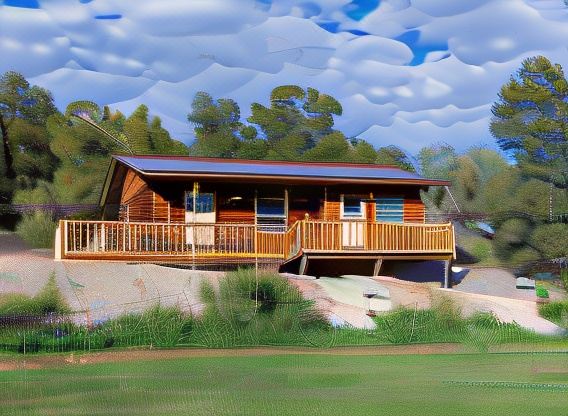 a large , two - story wooden cabin with a balcony and a wooden deck is situated on a grassy area near trees at Boulder Mountain Guest Ranch
