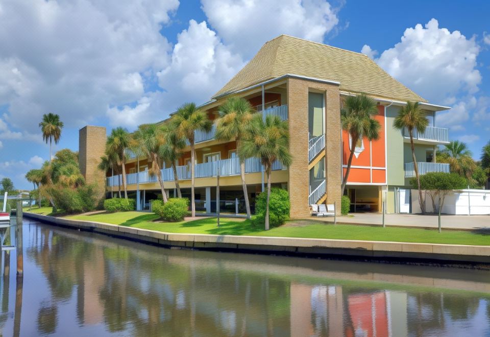 a large , modern building with multiple floors and balconies , surrounded by palm trees and water at Legacy Vacation Resorts-Indian Shores