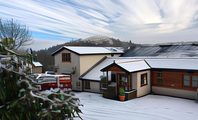 a snow - covered parking lot in front of a house , with several cars parked nearby and a mountain in the background at The Gwaelod y Garth Inn