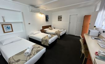 a hotel room with three beds , one on the left , one in the middle , and one on the right at Charlton Motel