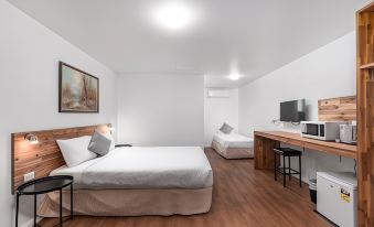 a modern hotel room with two beds , a desk , and a television , all situated in a minimalist style at Econo Lodge Lilydale