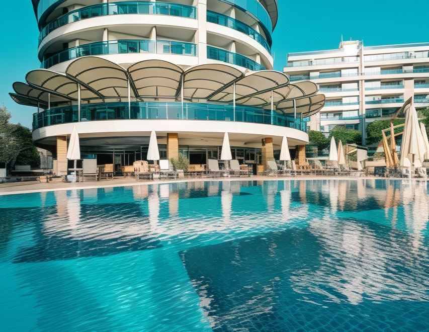 a large swimming pool is surrounded by a modern building with multiple floors and balconies at Sunprime C-Lounge
