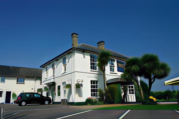 a white building with a black car parked in front , surrounded by palm trees and blue sky at The Mortimer Arms