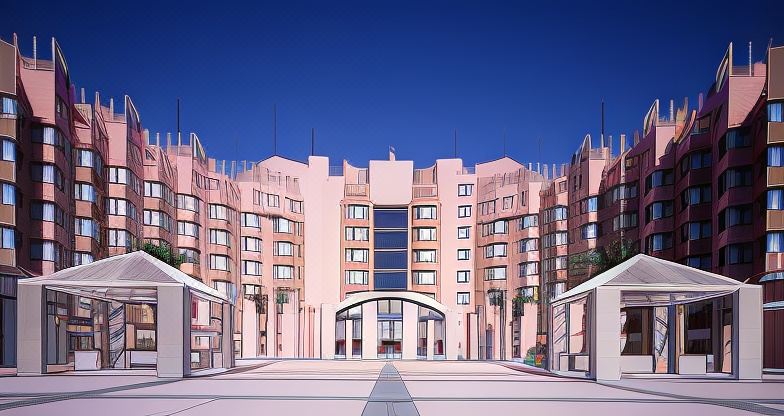 a large , modern building with multiple towers and balconies , surrounded by a courtyard filled with palm trees at Hotel Verde