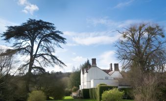 a white house surrounded by green grass and trees , with a blue sky in the background at Blaisdon House B&B