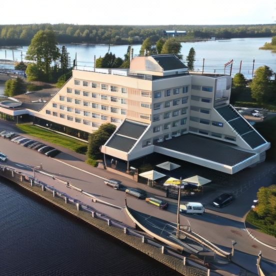 aerial view of a large white building near a river , with cars parked on the street and trees in the background at Druzhba