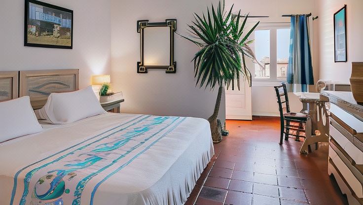 a cozy bedroom with a white bed , a large potted plant , and a mirror on the wall at MClub Marmorata