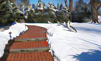 a snow - covered landscape with a red brick walkway and a group of people walking through the snow at Lafayette Inn