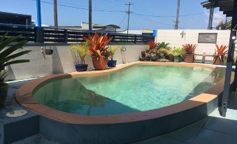 a large , oval - shaped pool with orange trim is surrounded by potted plants and a fence at Black Marlin Motel