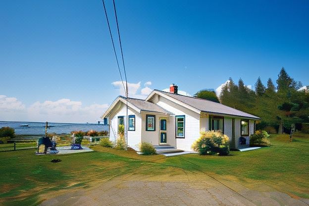 a small white house situated on a grassy field , with a view of the ocean in the background at Friars Bay Inn & Cottages