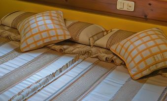 a bed with a striped blanket and several decorative pillows is shown in a room at Viviendas Rurales Traldega