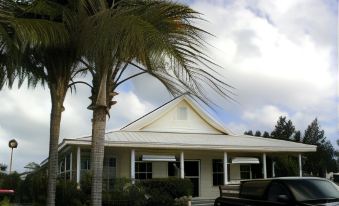 a white house with a car parked in front , surrounded by palm trees and other vegetation at Paradise Villas