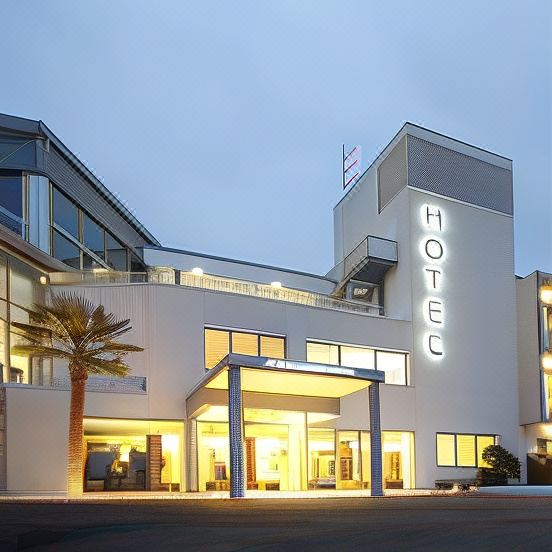 a modern hotel building with an arched entrance , surrounded by palm trees and a cloudy sky at Hotel Horizon