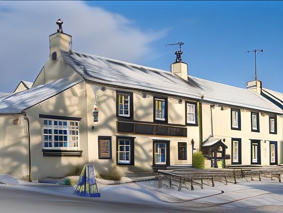 a quaint , two - story building with black roofs and white walls , surrounded by snow - covered ground and trees at Queens Head Inn