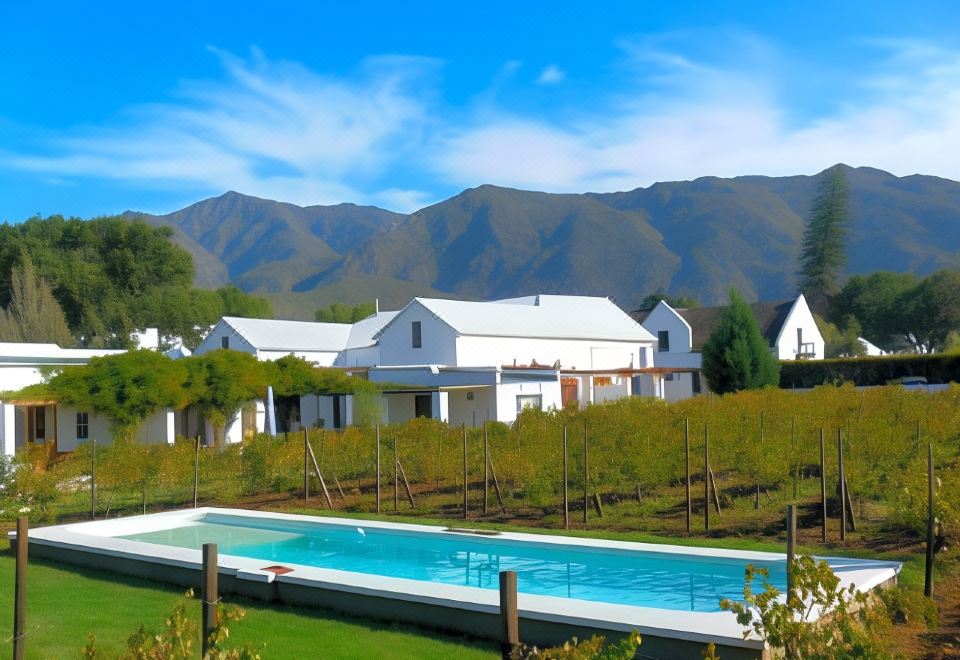 a large white house surrounded by green grass and a pool , with mountains in the background at The Vineyard Country House