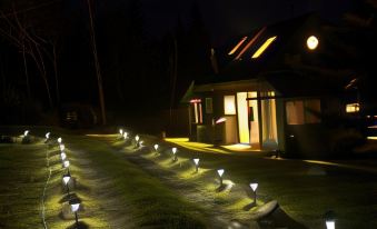 a house with a path lit up by string of lights leading to the front door at Adventure High