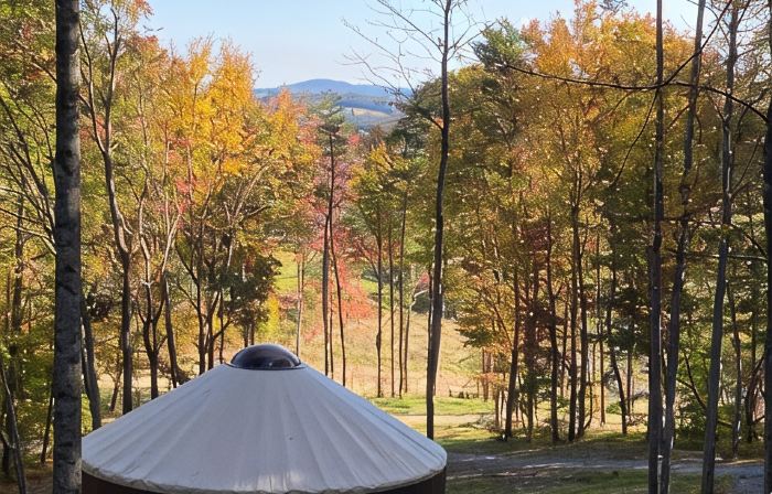 Elevated eclectic yurt with wrap-around porch, hot tub, and mountain view!