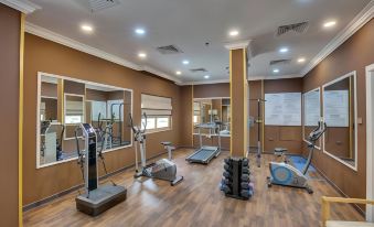 a well - equipped gym with various exercise equipment , including treadmills and weight machines , on a wooden floor at Royal Hotel