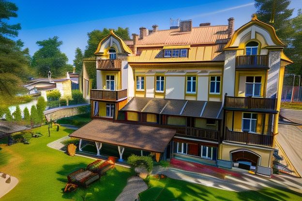 a large , yellow and white building with a red roof , surrounded by lush green grass and trees at Hotel Bella