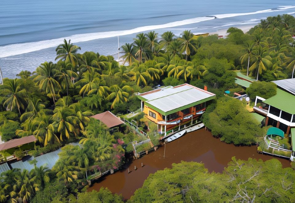 aerial view of a tropical island with a house surrounded by palm trees , a beach , and the ocean at Hotel Estero y Mar