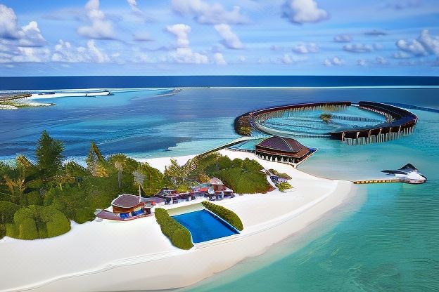 aerial view of a tropical island with a wooden bridge , surrounded by clear blue water and white sand at Sun Siyam Olhuveli