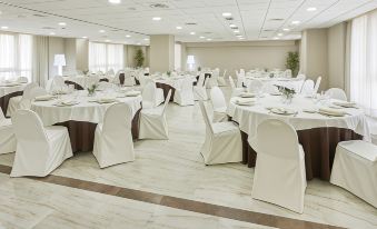 a large banquet hall with numerous tables covered in white tablecloths and chairs arranged for a formal event at Hesperia Vigo