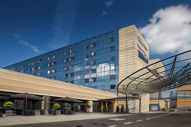 a large blue and white hotel building with a modern design , situated on a city street at Radisson Blu Scandinavia Hotel, Aarhus