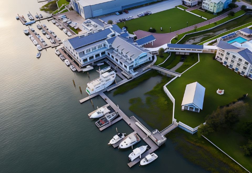 a bird 's eye view of a marina with several boats docked at a building and a green field at Beaufort Hotel
