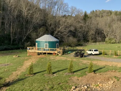 Magical Riverside Yurt, hot tub & the BRPW, pet friendly near Floyd, Va - 4-Star